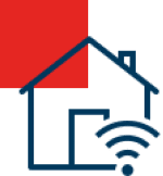 Icone rouge et bleu d'un logement accompagné du sigle de la connexion internet