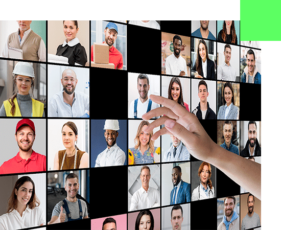 Photo d'un écran représentant une main pointant une multitude de secteurs d'activité et métier différents.